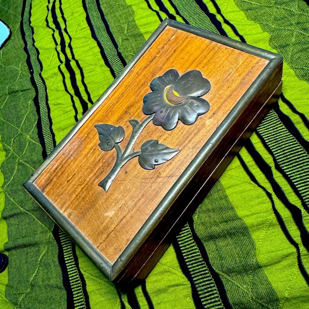 Wooden Trimket Box with Metal Flower Accent